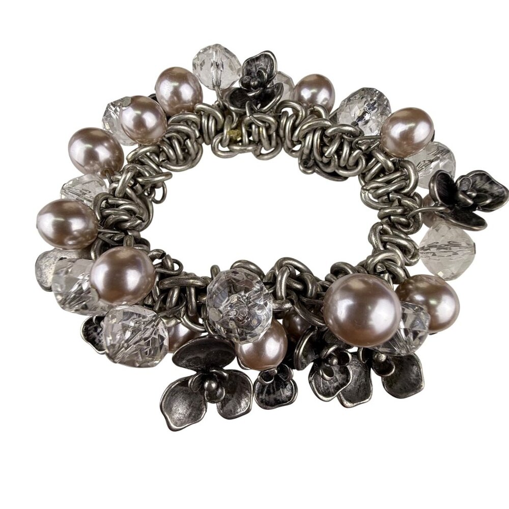 Chunky Silver Tone Bracelet W/ Pearl Beads & Floral Accents 6.5-7.5 Stretch